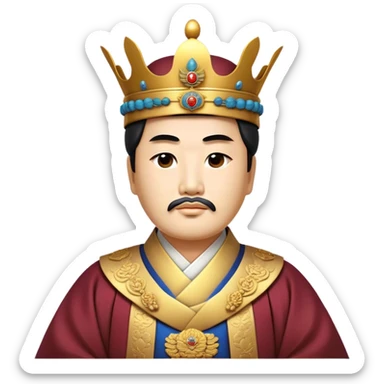 Cinematic Realistic King Sejong Portrait Emoji, depicted as a wise benevolent monarch in traditional Korean royal attire with a thoughtful gaze, rendered with intricate textures and regal soft lighting that captures his historical significance. sticker