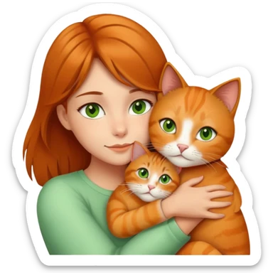 A girl with golden brown hair and brown eyes hugging a orange cat with green eyes sticker