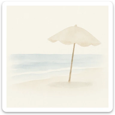vacaciones en la playa, colores suaves, mar, arena, sombrilla, sensación relajante, estilo acuarela sticker