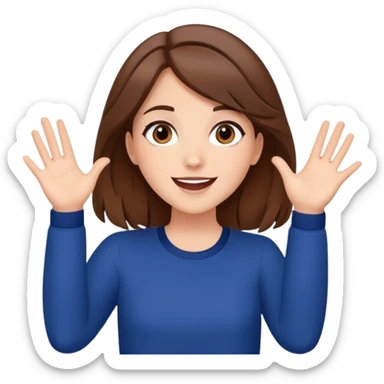 Beautiful Girl with brown hair super excited stars instead of eyes  cartoon style navy blue hands in the air  sticker