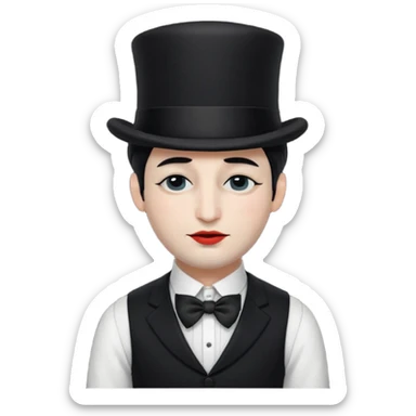 A french man with snow white skin, a black half mask with an eye hole, a black top hat, a black vest with a black tie tucked underneath, and a white collared shirt. Closed eyes. sticker