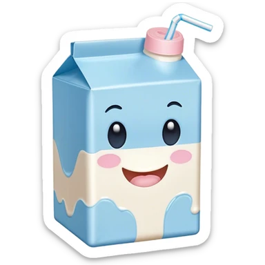 Cute Kawaii Milk Carton, small and boxy, bright pastel blue and white, blushing cheeks, a tiny straw poking out, soft glowing highlights, adorable farm-fresh cuteness! sticker