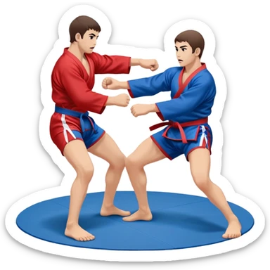 Two Sambo fighters in blue and red kimonos, with shorts and wrestling shoes, performing grappling and throwing techniques. The background shows a wrestling mat and an intense, focused atmosphere. Transparent background highlights the fluidity and skill of the sport without strikes. sticker