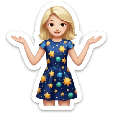 girl in a cosmic print dress, happy, arms at sides sticker
