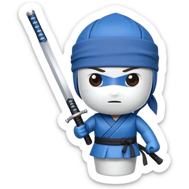 A cartoon to-go coffee cup with a blue ninja headband around the lid and holding a katana sword sticker