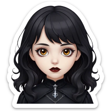 a pale white vampire girl with medium black wavy hair and bangs with brown eyes wearing black gothic clothing sticker