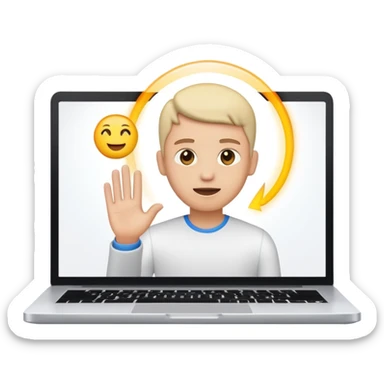 Online course, laptop screen with a person emerging teaching something. Lesson, video course, semi 3D emoji style sticker