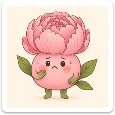 cute anthropomorphic pink peony flower with a round body, arms and legs, blushing cheeks, nervous expression sticker