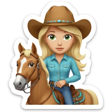 one blonde with light blue green eyes cowgirl on a quarter horse sticker
