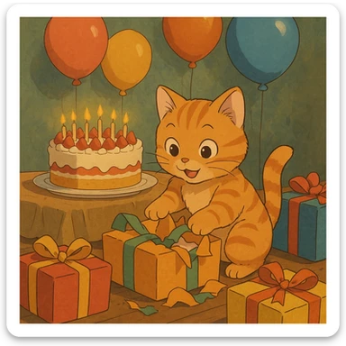 ginger tabby kitten opening presents, birthday party scene with balloons and cake, ghibli style sticker