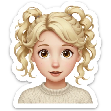 blonde hazel eyes woman with a white cable knit sweater and one curly messy bun with tendrils of hair flowing down her face and she is happy pale, some freckles, blush. she has a cateye wing and long lashes sticker