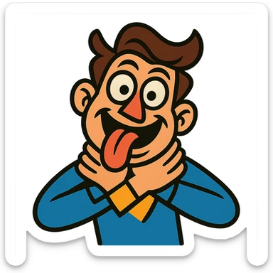 exaggerated slapstick person with crossed eyes, tongue out, hands on neck, comic style, playful and humorous sticker