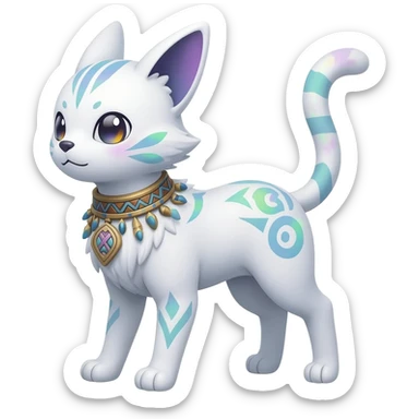 Rare neon iridescent white exotic cute epic aesthetic gothic colorful Salandit-Eevee-Civet-species-Fakemon-hybrid-creature, with a collar, and with intricate tribal markings, full body sticker
