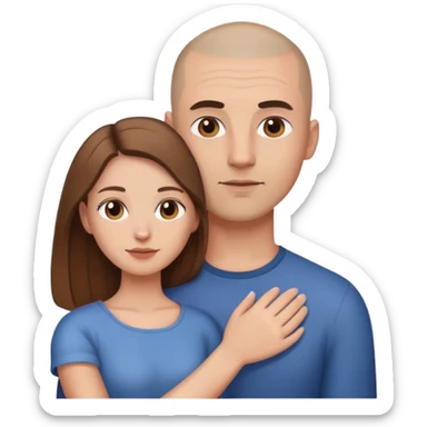 Man with shaved head holding woman with long brown hair sticker