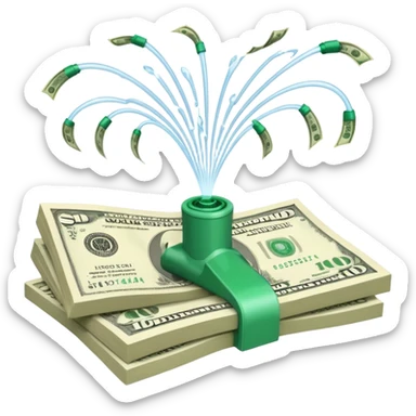 Sprinkler system shooting out streams of dollar bills, instead of water, clearly showing financial benefit sticker