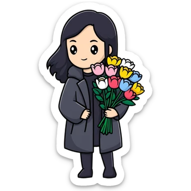 beautiful girl with long black hair wearing a black coat holding a bouquet of flowers sticker