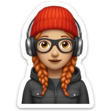 Girl with ginger hair wearing red beanie goggles and headphone sticker