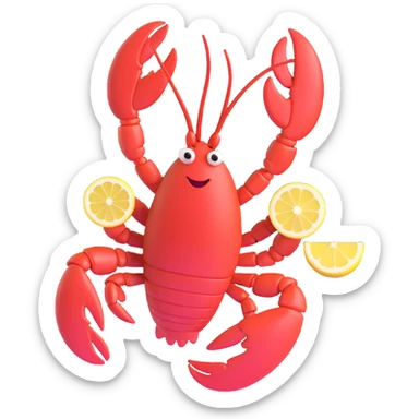 lobster dancing with a lemon in its mouth, spinning 360 degrees, emoji style sticker