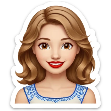 Cheerful woman with clear skin, round face, wide friendly smile, big light brown eyes, vibrant red lipstick, shoulder-length wavy dark blonde hair with light highlights, white top with blue embroidery and electric blue neckline sticker