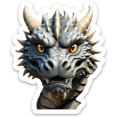 Cinematic Noble Giant Rock Dragon Portrait Emoji, Poised and awe-inspiring, with a massive, rugged form carved from ancient stone, featuring intricately textured scales that resemble weathered granite and basalt, and piercing, stony eyes echoing the strength of timeless mountains; rendered with lifelike detail and earthy natural highlights, high shine, formidable and grounded, styled with an aura of primordial majesty, focused and resolute, soft glowing outline, capturing the essence of an enduring rock titan ready to surge from the screen with ageless power! sticker
