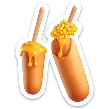 korean potato cheese corn dog, whole and bitten version side by side, cheese pull, crispy potato cubes, wooden stick, no text sticker