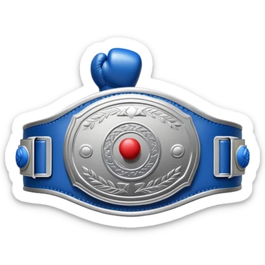silver championship belt with a blue boxing glove in the middle sticker