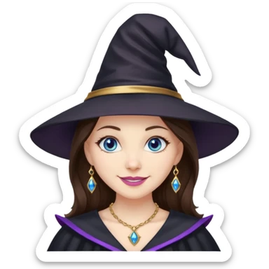 Witchy brunette haired blue eyed white girl with a witty smile a gold necklace and a black witch hat with a purple bow sticker