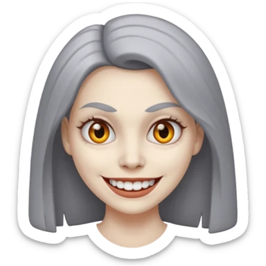 woman with gray skin and white blank eyes and a scary smile sticker