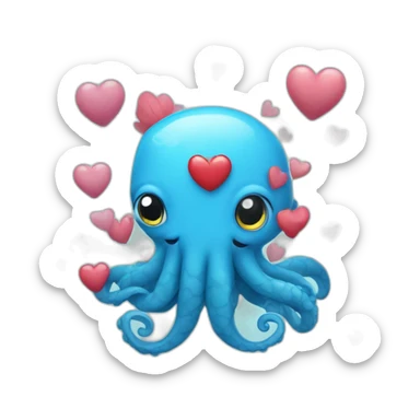 cute blue kraken with adorable face with many hearts around sticker