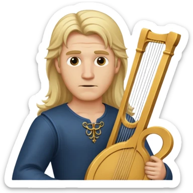 Man with long blonde hair looking arrogant  holding a lyre sticker