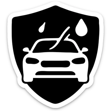 solid icon of a full luxury vehicle with glossy black mirror paint, strong shine and reflections, water droplet sliding on the surface, minimal repellent effect with lines, elegant and minimal sticker