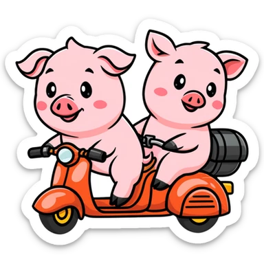 pig couple riding a motorbike, cute sticker