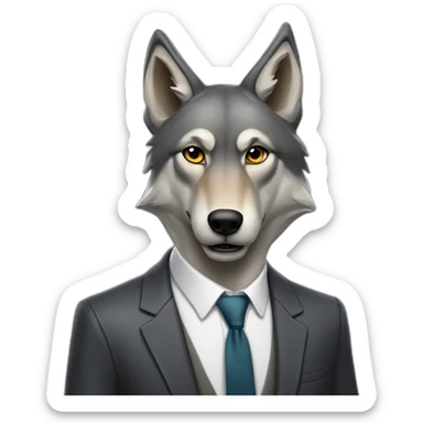 Portrait of Big Bad Gray Wolf with a human-like face wears a sleek jacket and tie like a salesman sticker