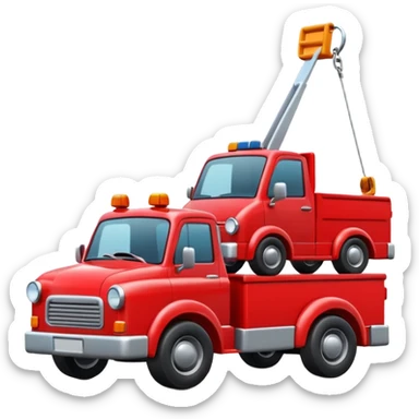 A 3D cartoon red tow truck pulling a small car, bright daylight, simple road background, Memoji-style realism. sticker