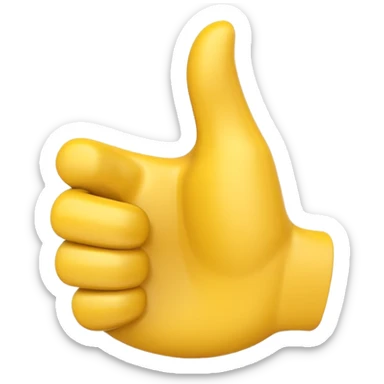 Apple-style 3D illustration of a single yellow emoji hand giving a thumbs up gesture, glossy and rounded, centered on a clean white background, soft shadow underneath, isolated and minimal design sticker
