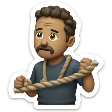 a sad man pulling rope sticker