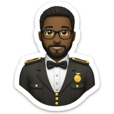 black soldier with beard, part in hair, white collared shirt, bow tie, gold glasses, bulletproof vest  sticker