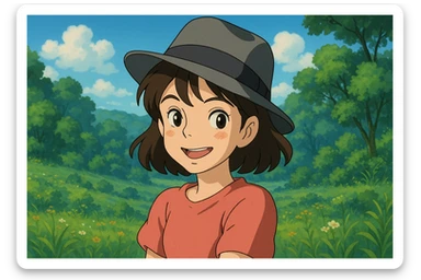 girl with a tilted gray fedora, playful smile, lush scenery, ghibli style sticker