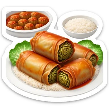 Cinematic Realistic Go≈ÇƒÖbki Dish Emoji, featuring cabbage rolls stuffed with rice and meat rendered with lifelike detail and inviting, homey lighting. sticker