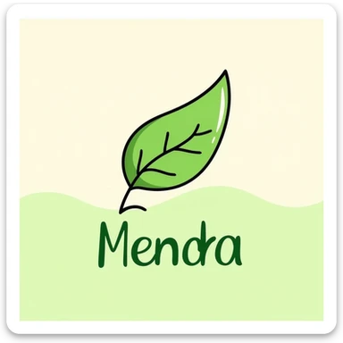 Mendra logo: stylized leaf with flowing green lines, upward curve for vitality. 'Mendra' in modern sans-serif, vibrant green tones. Background is a soft gradient of light beige and pale green, Notion black doodle style. sticker