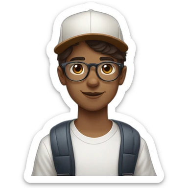White hipster looking boy with short brown hair, large wire frame glasses, and a baseball cap on next to a Australian Shepard tri color sticker
