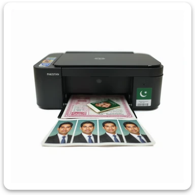 realistic thumbnail for a Pakistani passport size photo print out service, featuring a modern printer printing out a sheet of passport size photos, with several printed passport photos arranged neatly in front, and a small Pakistani flag or green accent, white background sticker
