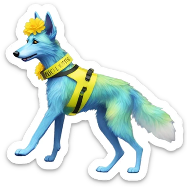  brindle fluffy lurcher fox running blue eyes fluffy ears and iridescent holographic oilslick harness wearing paper flower crown yellow caution tape neon sign sticker