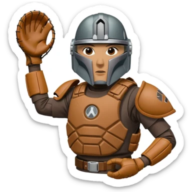 Mandalorian using a Catcher's mitt.  He looks ready to catch a ball.  Make the catcher's glove oversized.  Put a dark visor in the helmet.   sticker