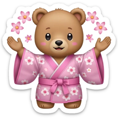 A cute light-brown bear wearing a pastel pink sakura-patterned kimono, normal balanced body ratio.  
Clapping hands cheerfully with a big bright smile and small spark effects around.  
Kawaii emoji style, minimalistic clean sticker illustration, white background.
 sticker