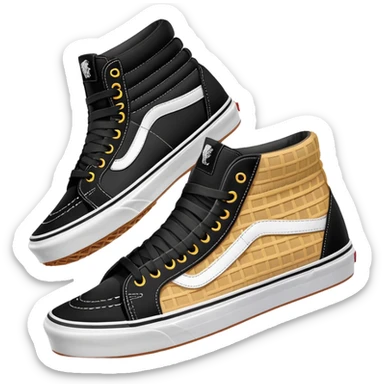 A pair of black Vans Sk8-Hi sneakers arranged with one shoe positioned behind the other, high-top skate shoes with white side stripe and waffle soles sticker