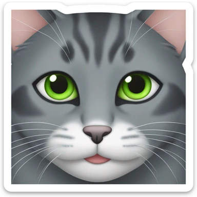 a dark grey and light grey cat with green eyes, eating catnip sticker