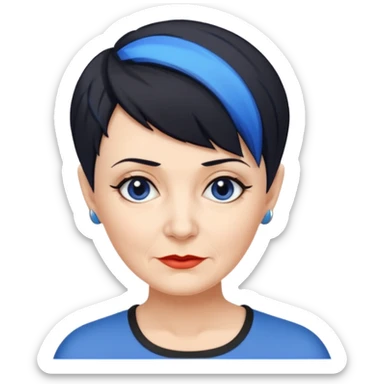 reife frau, kein kind freche extreme schwarze Kurzhaarfrisur eine Seite wirklich fast keine Haare andere Seite mit blauer Strähne kurze Seite noch viel kürzer sticker