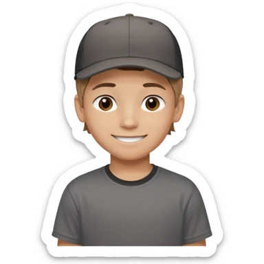 Create a teen boy wearing a faded black T-shirt. He will have light brown hair that is buzzed, tan skin, and dark brown eyes. He is wearing a gray baseball hat turned backwards. He is smiling sticker