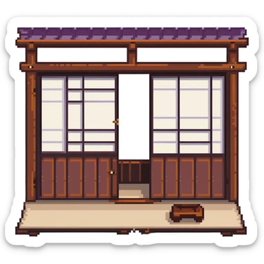 traditional Japanese house with wooden structure, sliding shoji doors, and tatami mat flooring sticker